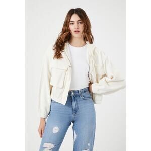 Forever 21 Women's White Corduroy Hooded Cropped Oversized Baggy Jacket Size‎ L